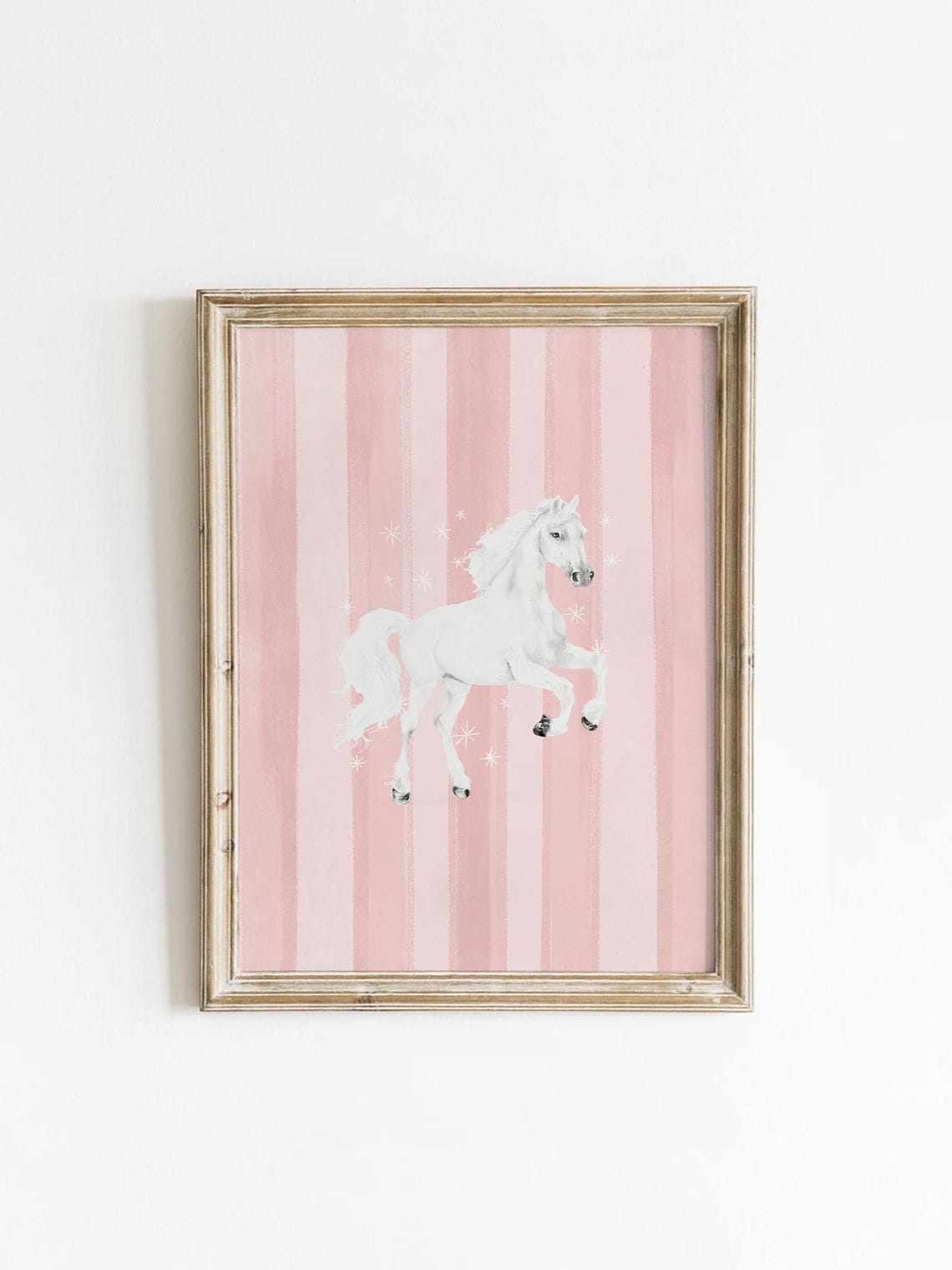 White Horse Prancing Pink Striped Background Girls Nursery Art Poster