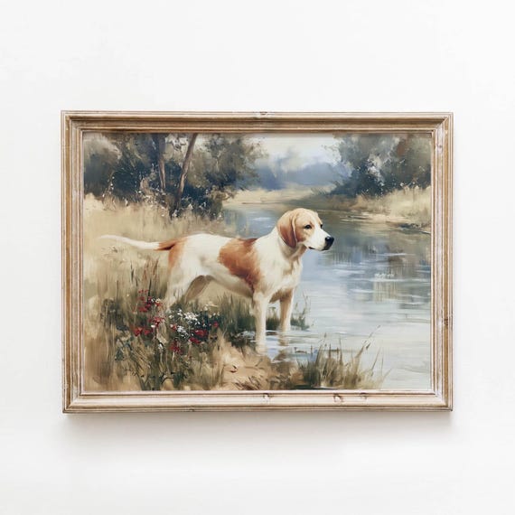 Vintage Hunting Dog Portrait By River Rustic Farmhouse Wall Art Muted Brown Tones Classic Painting Printable Landscape Download 406