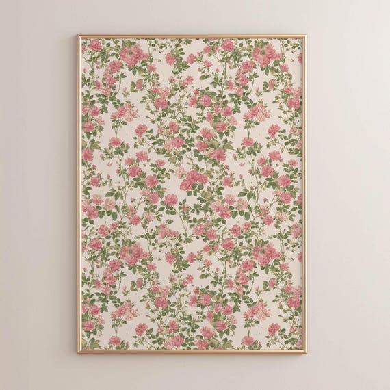 Vintage Pink Garden Roses Poster Print Romantic Cottagecore Floral Art Shabby Chic Botanical Wallpaper Pattern Classic Decor P121