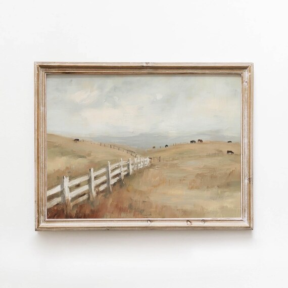 Vintage Cattle Pasture Golden Rolling Hills Rustic Farm Landscape Poster
