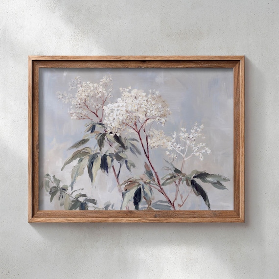 White Flower Stems With Sage Green Leaves Botanical Watercolor Poster