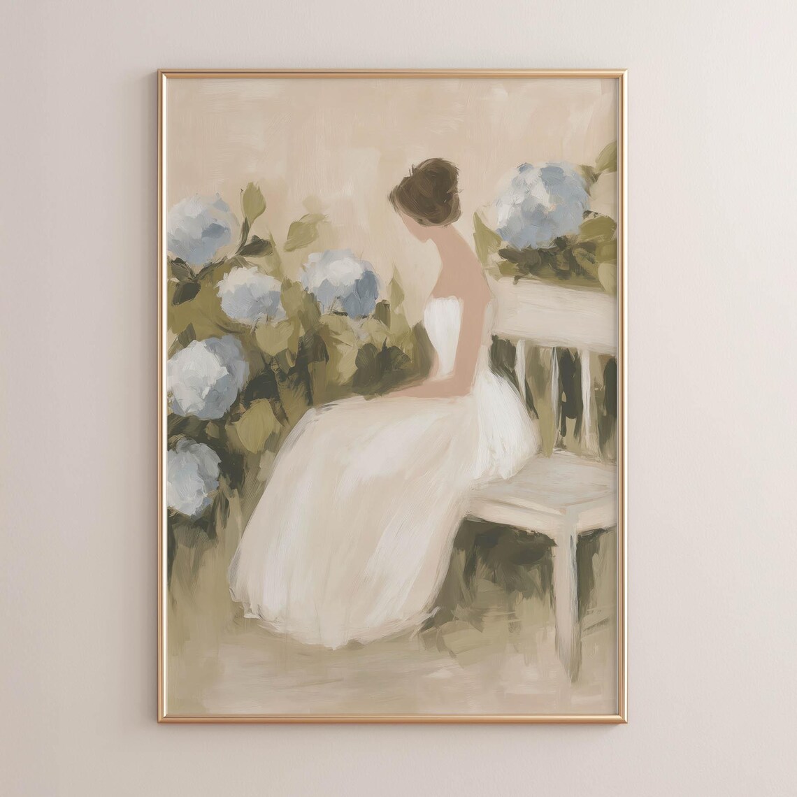 Romantic Woman With Blue Hydrangeas, Vintage Poster Print