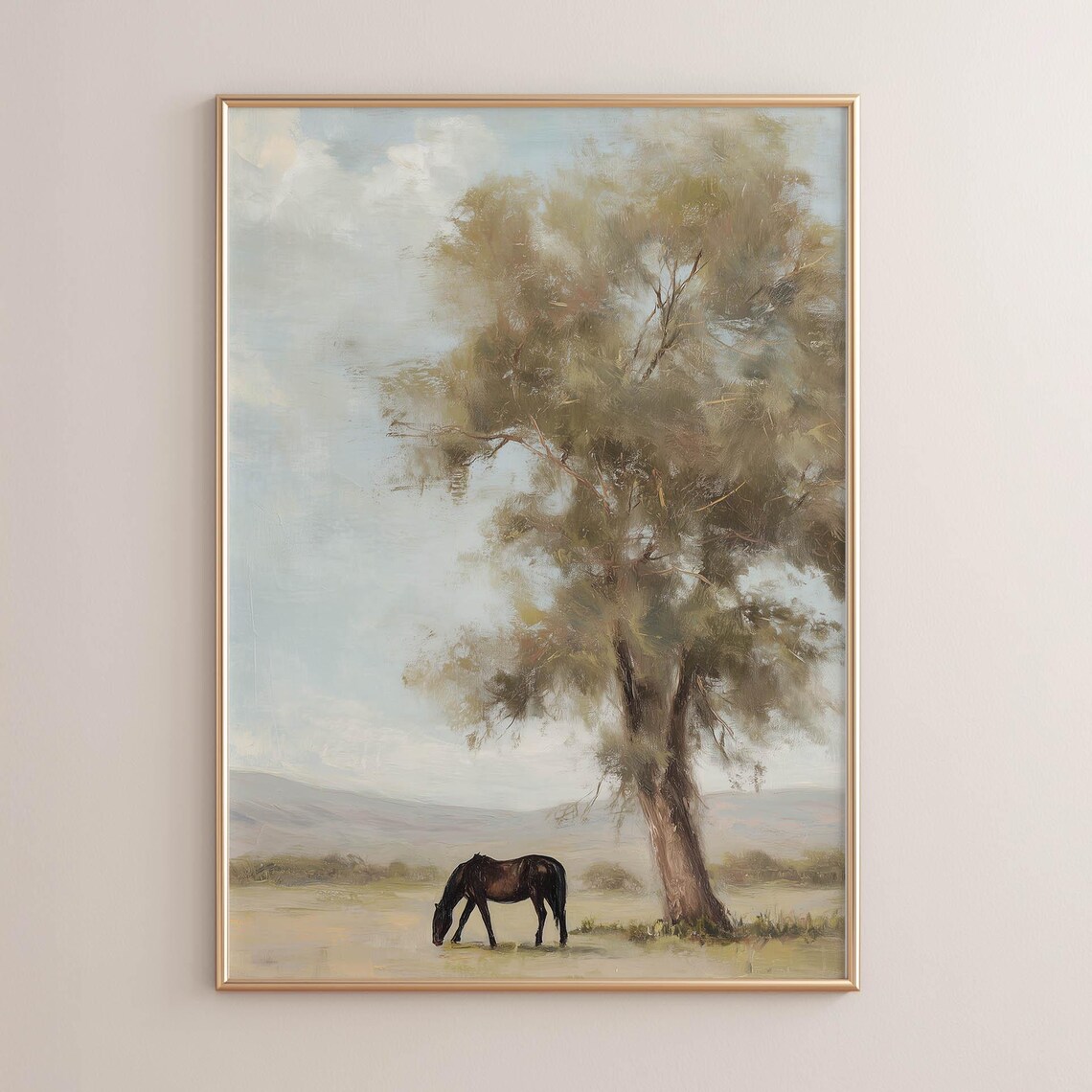 Dark Horse Grazing Under Oak Tree, Vintage Art Print