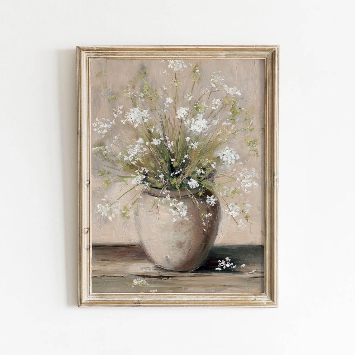 Muted White Wildflower Clay Vase Rustic Still Life Painting Print