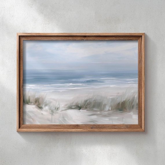Printed Coastal Beach Dunes With Sea Grass Wall Art Moody Ocean Waves Painting Neutral Seascape Decor Calm Seashore Poster Print P738