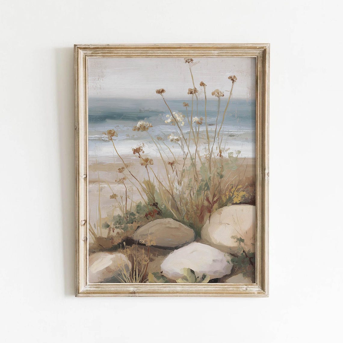 Coastal Wildflowers Beach Rocks Muted Ocean Seaside Botanical Poster