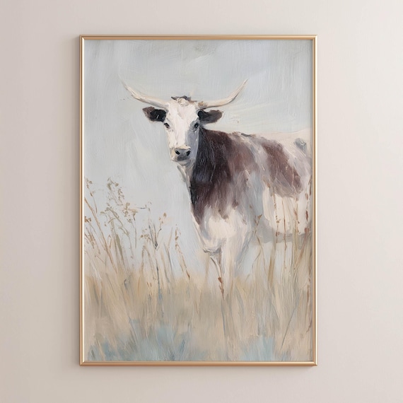 Longhorn Cattle Portrait In Dry Grass Field Muted Brown Art Poster