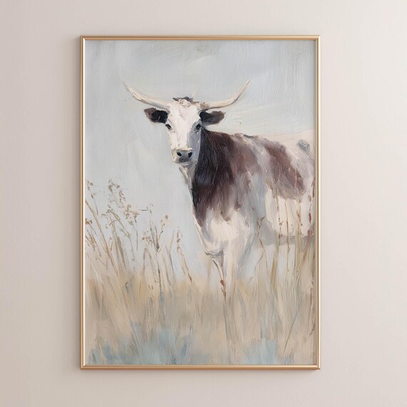 Longhorn Cattle Portrait In Dry Grass Field Muted Brown Poster Print Rustic Country Aesthetic Oil Painting Style Cottage Wall Art 0599