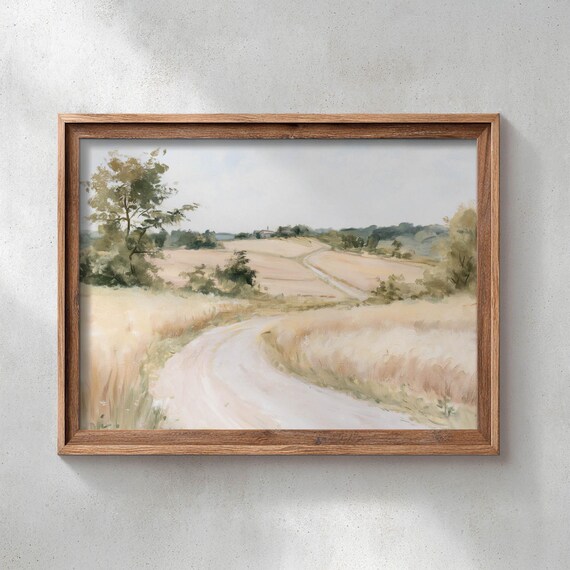 Printed Country Road Through Golden Wheat Fields Muted Pastoral Landscape Art Rustic Farmhouse Wall Decor Neutral Nature Painting P766