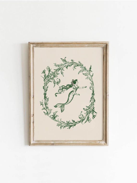 Green Coquette Mermaid Download Emerald Nautical Gallery Wall Art Vintage Nouveau Drawing Antique Decor Neutral 0007bv