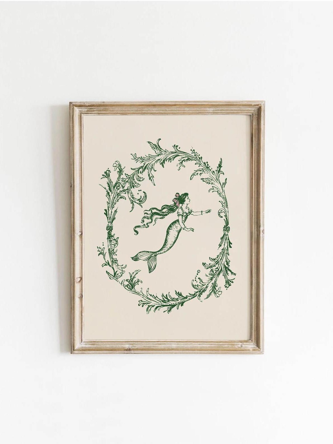 Vintage Emerald Mermaid Nouveau Botanical Coastal Frame Illustration Print