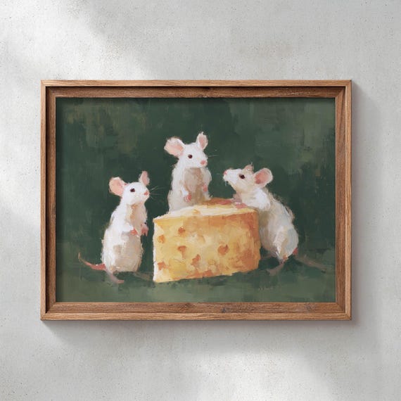 Cottagecore Poster Print White Mice And Cheese Cozy Rustic Farmhouse Art Playful Green Background Earthy Vintage Wall Decor Painting P211