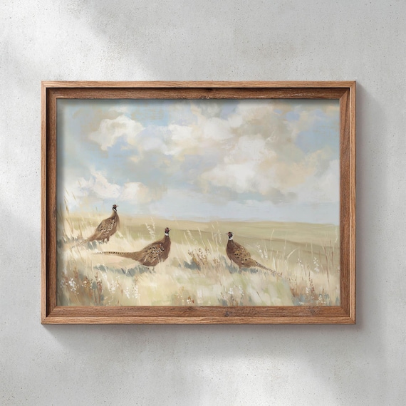 Pheasants Walking Through Golden Prairie Grassland Wildlife Poster Print Neutral Tan Cream Dusty Blue Rustic Hunting Lodge Wall Art 0510