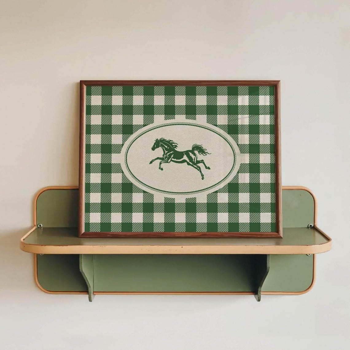 Vintage Green Gingham Check Galloping Horse Western Decor Poster