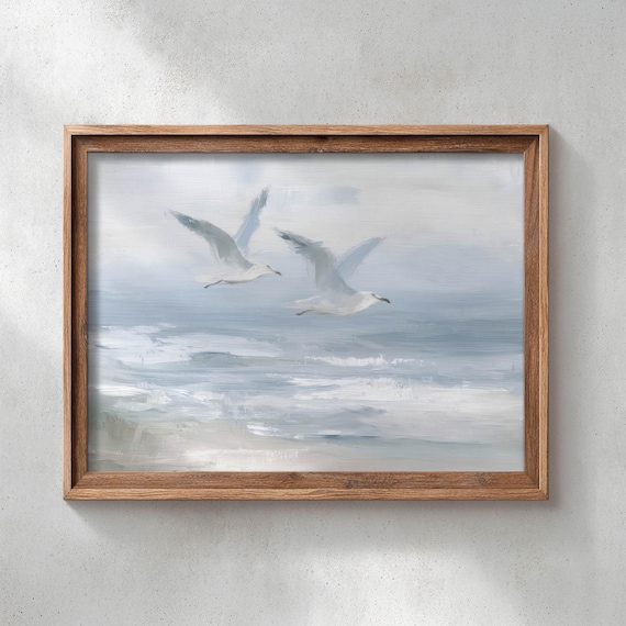 Two Seagulls Gliding Over Ocean Waves Moody Blue Gray Coastal Painting Poster