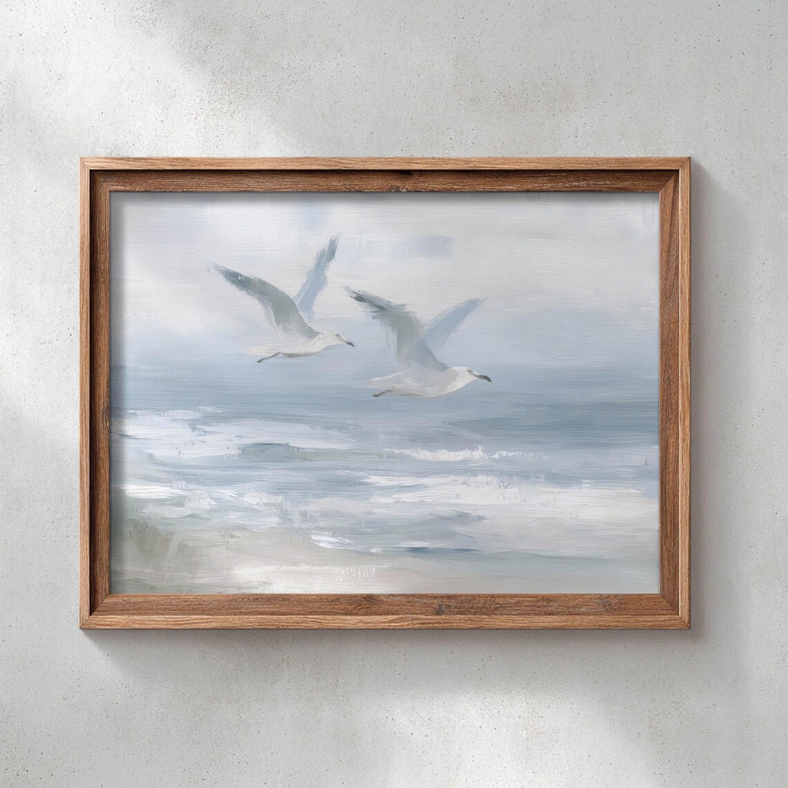 Two Seagulls Gliding Over Ocean Waves Moody Blue Gray Coastal Painting Poster