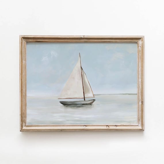 Sailboat On Still Water Printable Muted Coastal Wall Art Vintage Nautical Landscape Decor Neutral Bedroom Digital Download 709