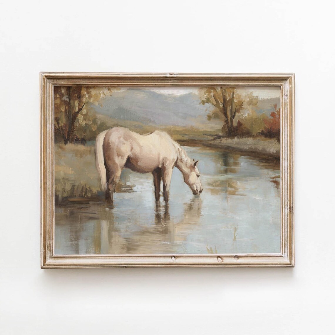 Vintage White Horse Stream Autumn Mountain Printable Wall Art Rustic Neutral Decor Digital Download 535