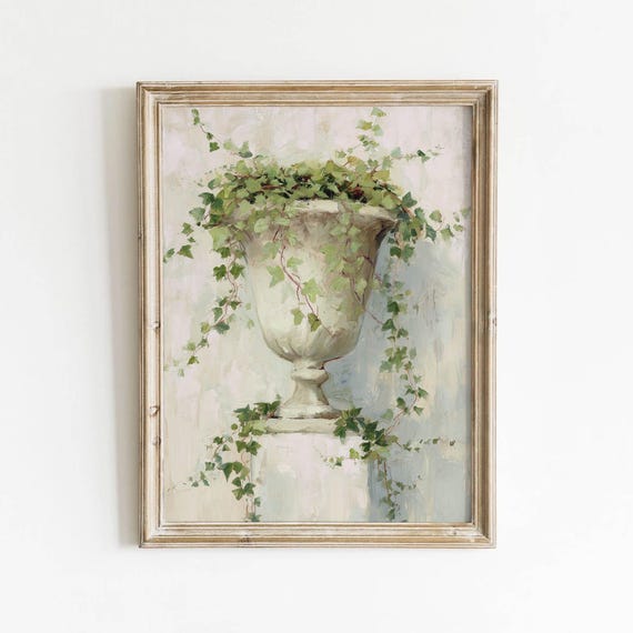 Vintage Stone Urn Printable Trailing Ivy Wall Art Sage Green Botanical Decor French Country Garden Muted Blue Download 470