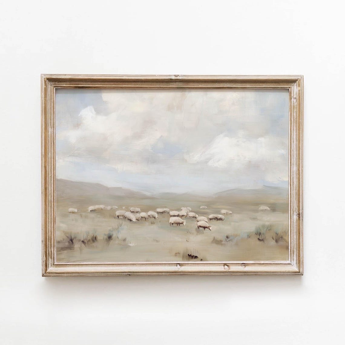 Vintage Sheep Flock Misty Meadow Neutral Rustic Landscape Poster