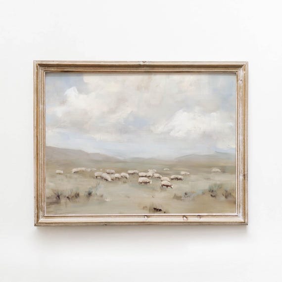 Vintage Sheep Grazing Hillside Dusty Blue Neutral Printable Wall Art Rustic Americana Landscape Decor Digital Download 591