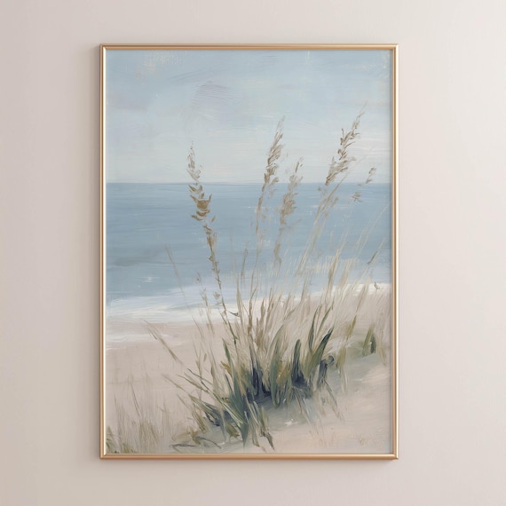 Printed Coastal Beach Scene With Sea Oats And Sand Dunes Serene Cottage Landscape Muted Wall Art Farmhouse Decor P455