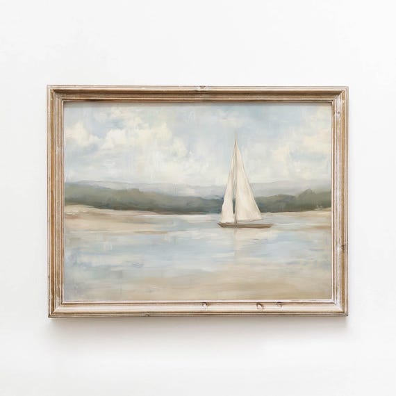 Sailboat On Calm Water Printable Vintage Coastal Wall Art Nautical Landscape Decor Neutral Bedroom Taupe Blue Download 424