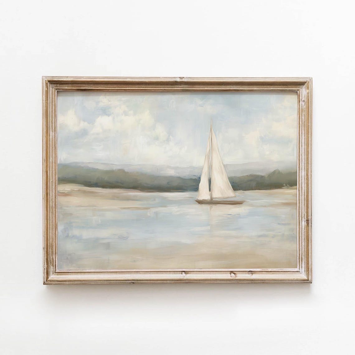 Calm Muted Sailboat On Still Water Vintage Coastal Seascape Print