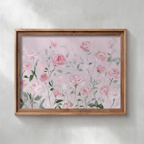 Pink Roses Watercolor Painting Romantic Blush Floral Botanical Garden Wall Art