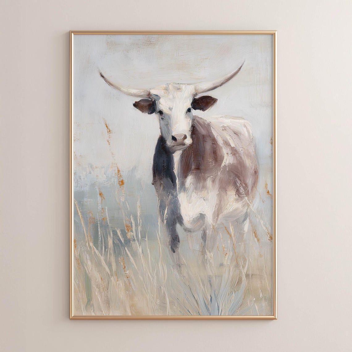 Longhorn Steer Standing Dry Grass Field Muted Neutral Poster