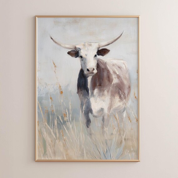 Longhorn Steer Standing In Dry Grass Field Muted Neutral Tones Rustic Western Poster Print Vintage Ranch Decor Cattle Art 0598