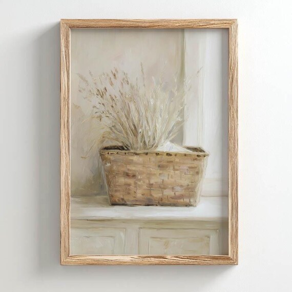 Dried Pampas Grass In Woven Basket Neutral Still Life Poster Print Warm Tan Cream Botanical Art Rustic Cottage Decor Oil Painting 0566
