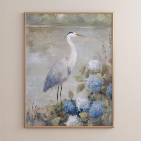 Blue Heron Poster Print Serene Coastal Cottagecore Art Vintage Inspired Painting Soft Impressionistic Style And Green P181