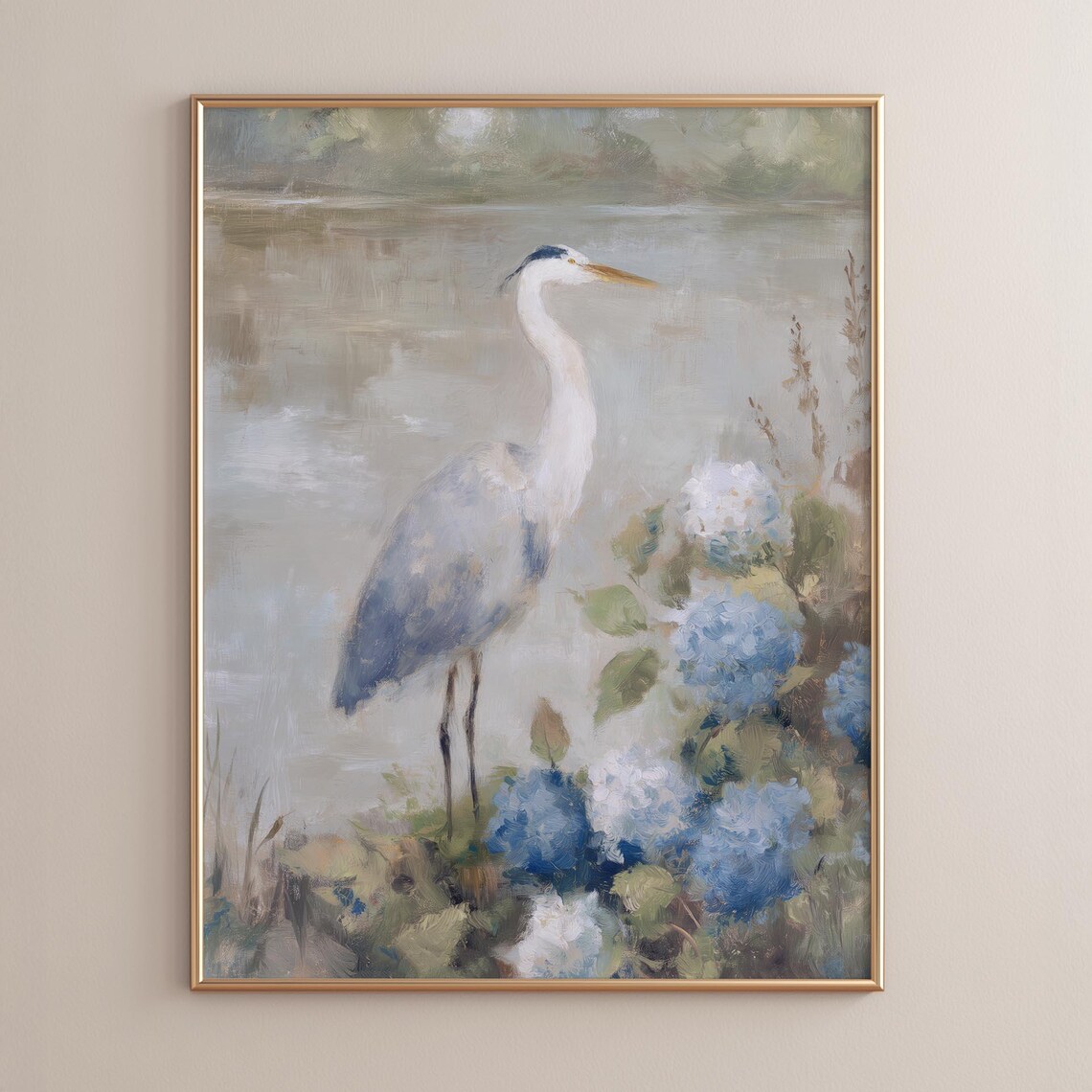 Blue Heron Marsh Painting Poster with Hydrangeas Coastal Cottage Wall Decor