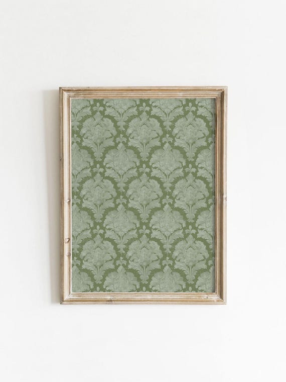 Vintage Green Damask Pattern Wall Art Muted Textile Elegant Wallpaper Printable Boho Chic Decor Digital Download 0109