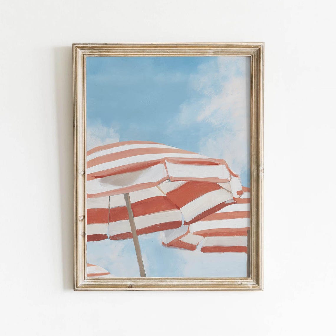 Retro Coral Striped Beach Umbrella Under Blue Sky Coastal Art Poster
