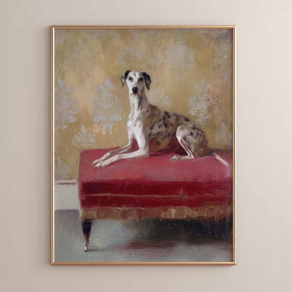 Elegant Greyhound Portrait Print Classic Sighthound Art Vintage Animal Poster Warm Red Tones Cozy Refined Decor Ornate Style P200