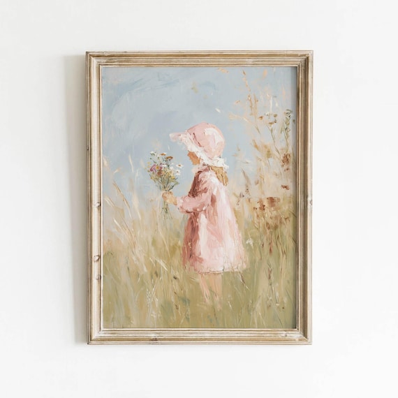 Little Girl In Pink Bonnet Printable Wall Art Pastel Cottagecore Spring Summer Decor Retro Farmhouse Style Impressionistic Digital 0276