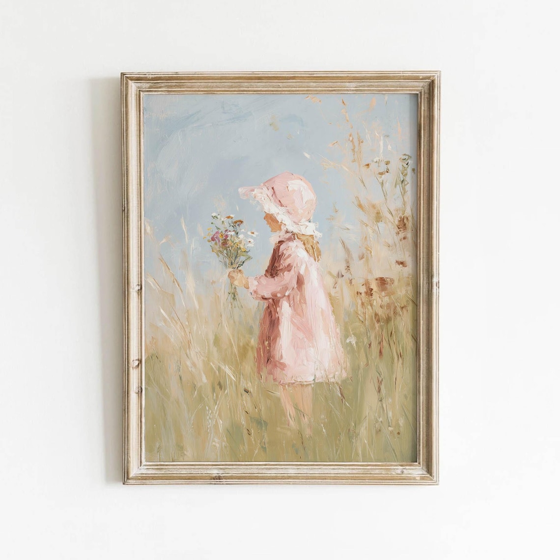 Little Girl In Pink Bonnet Wildflower Meadow Cottage Vintage Poster