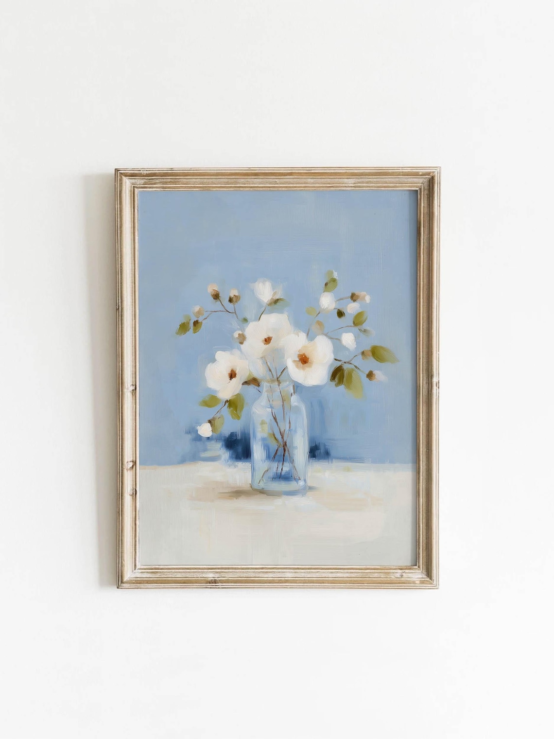 White Flowers In Glass Jar Soft Blue Cottagecore Oil Painting Poster