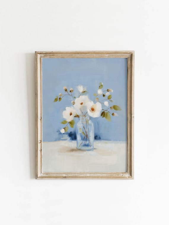 White Flowers In Glass Jar Soft Blue Cottagecore Oil Painting Poster