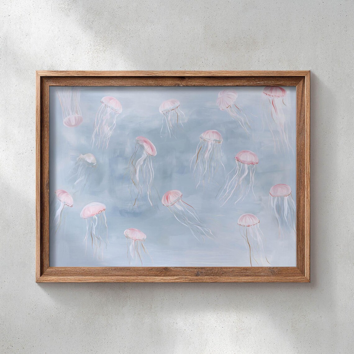 Floating Jellyfish Watercolor Muted Blue Ocean Pink Coastal Marine Life Wall Art