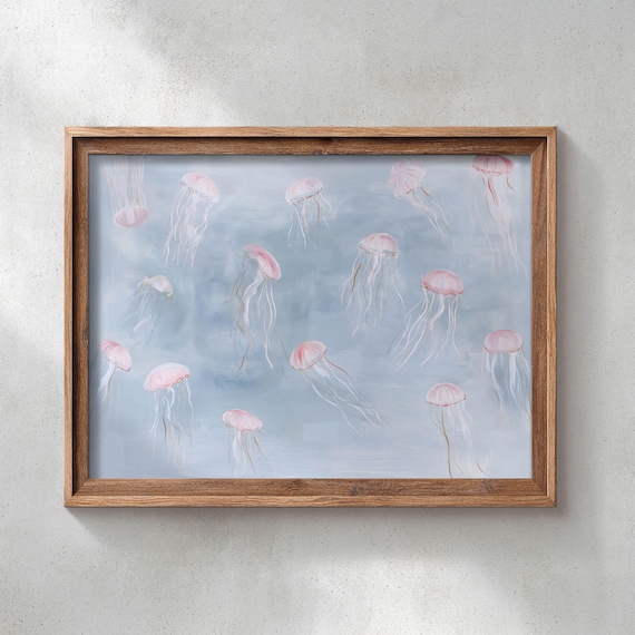 Printed Floating Jellyfish Coastal Wall Art Muted Blue Ocean Painting Serene Underwater Decor Dreamy Seascape Poster 0685