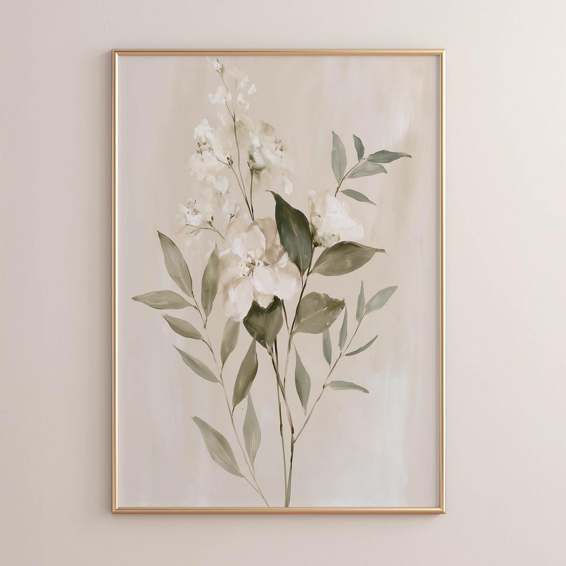 White Floral Botanical Sage Green Leaves Neutral Beige Minimal Print