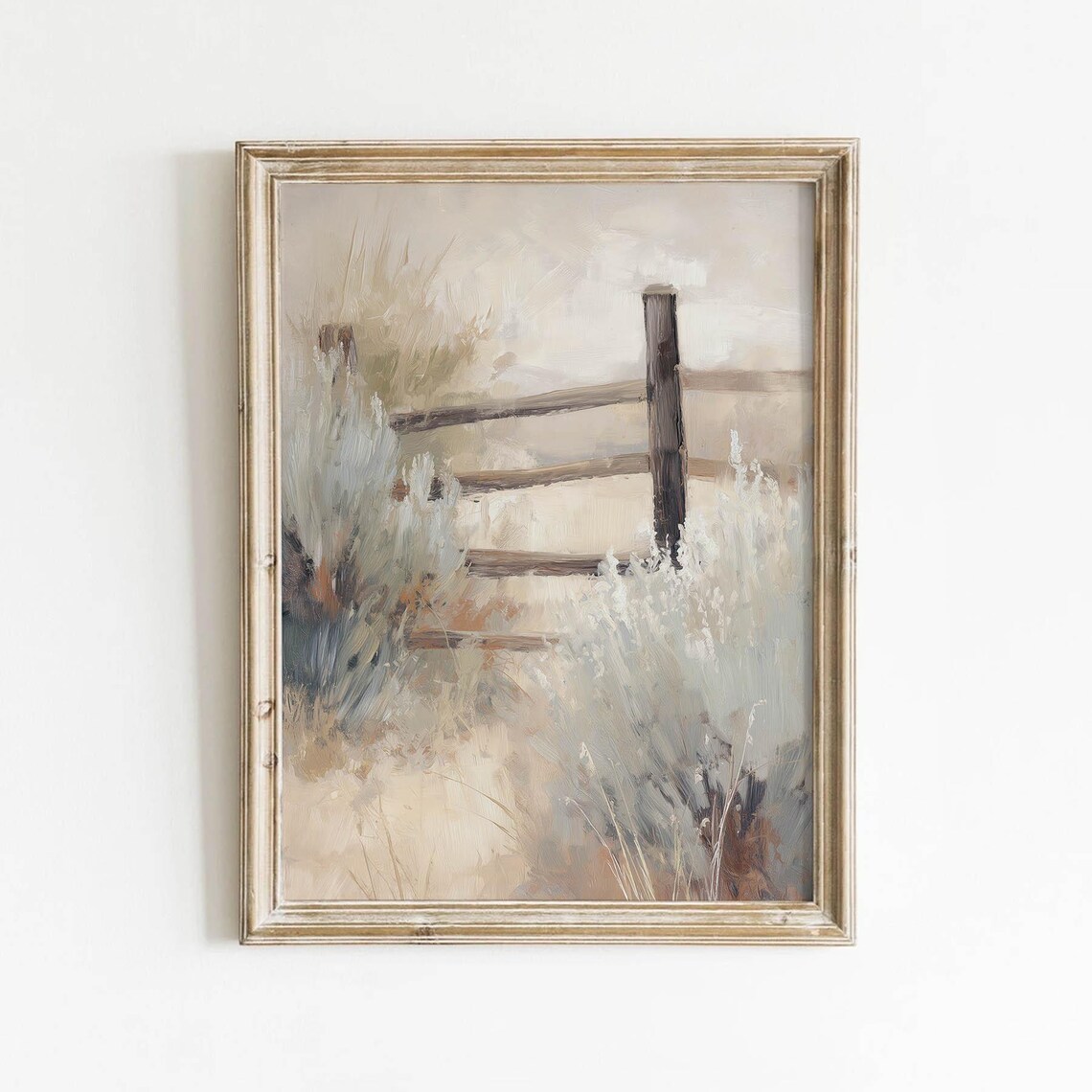 Rustic Wooden Fence Post Neutral Farmhouse Landscape Vintage Print