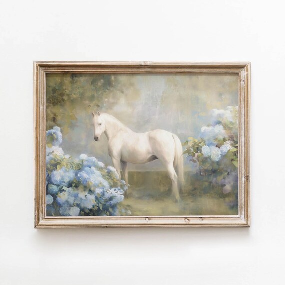 White Horse Among Blue Hydrangeas Dreamy Romantic Cottagecore Poster