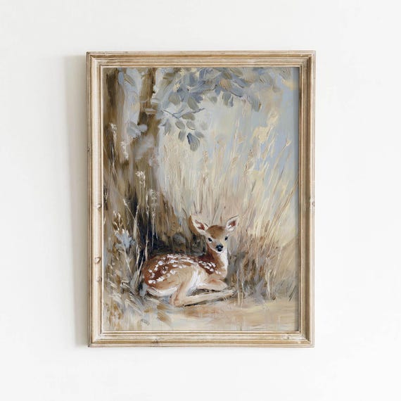 Vintage Fawn In Grass Printable Neutral Nursery Wall Art Rustic Deer Decor Muted Brown Digital Download 617