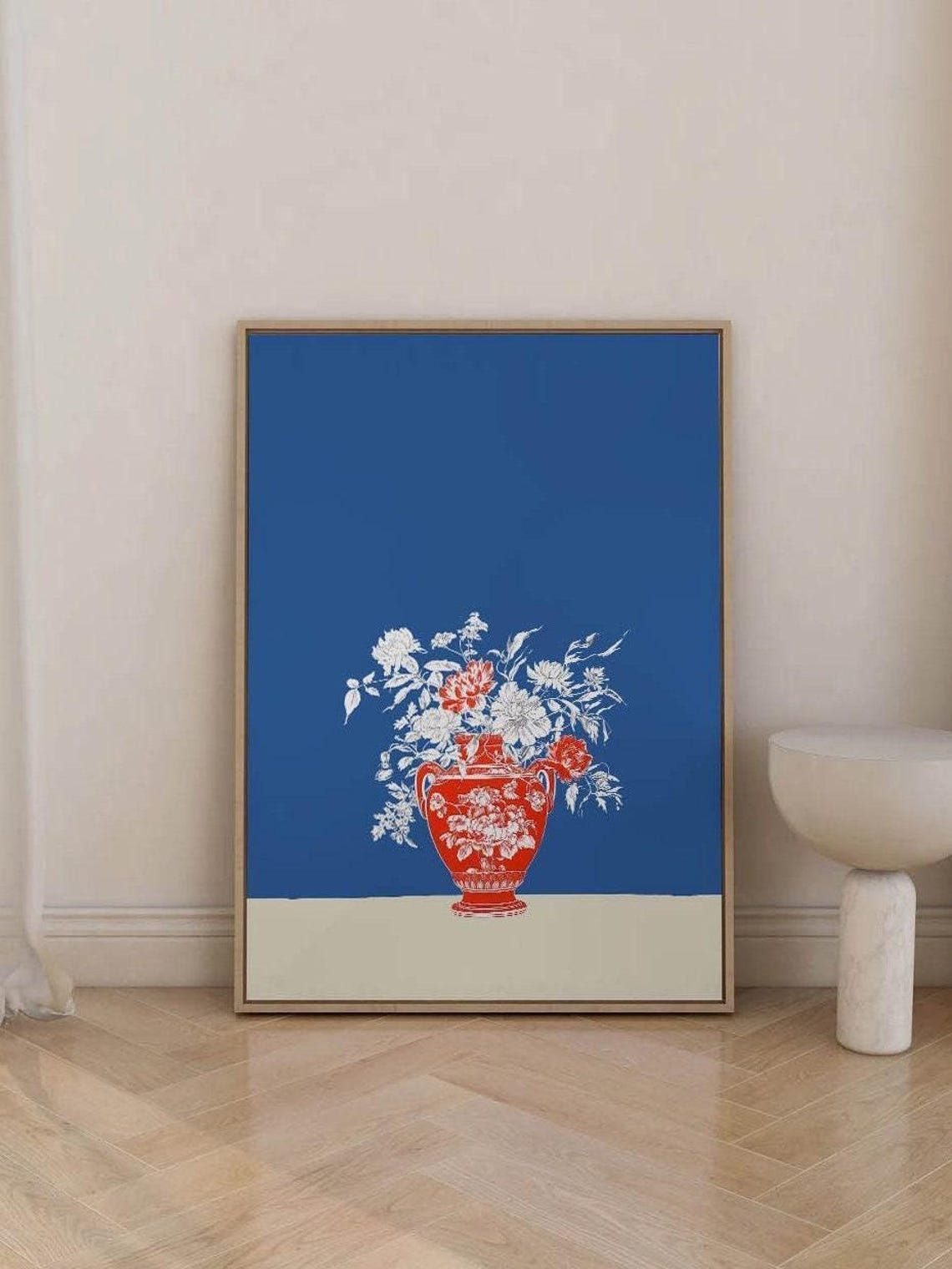 Blue Red Chinoiserie Floral Urn Vase Grandmillennial Wall Art