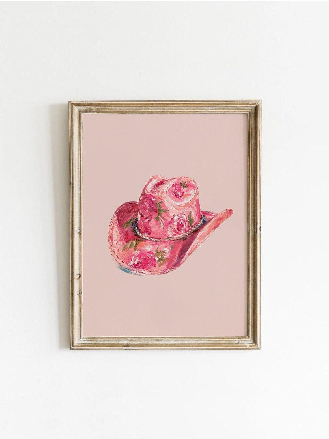 Pink Floral Cowboy Hat Watercolor Painting Western Poster Art