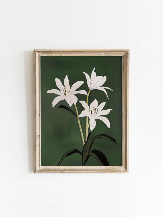 White Lillies Art Painting Dark Green Decor Floral Wall Elegant Vintage Botanical Artwork